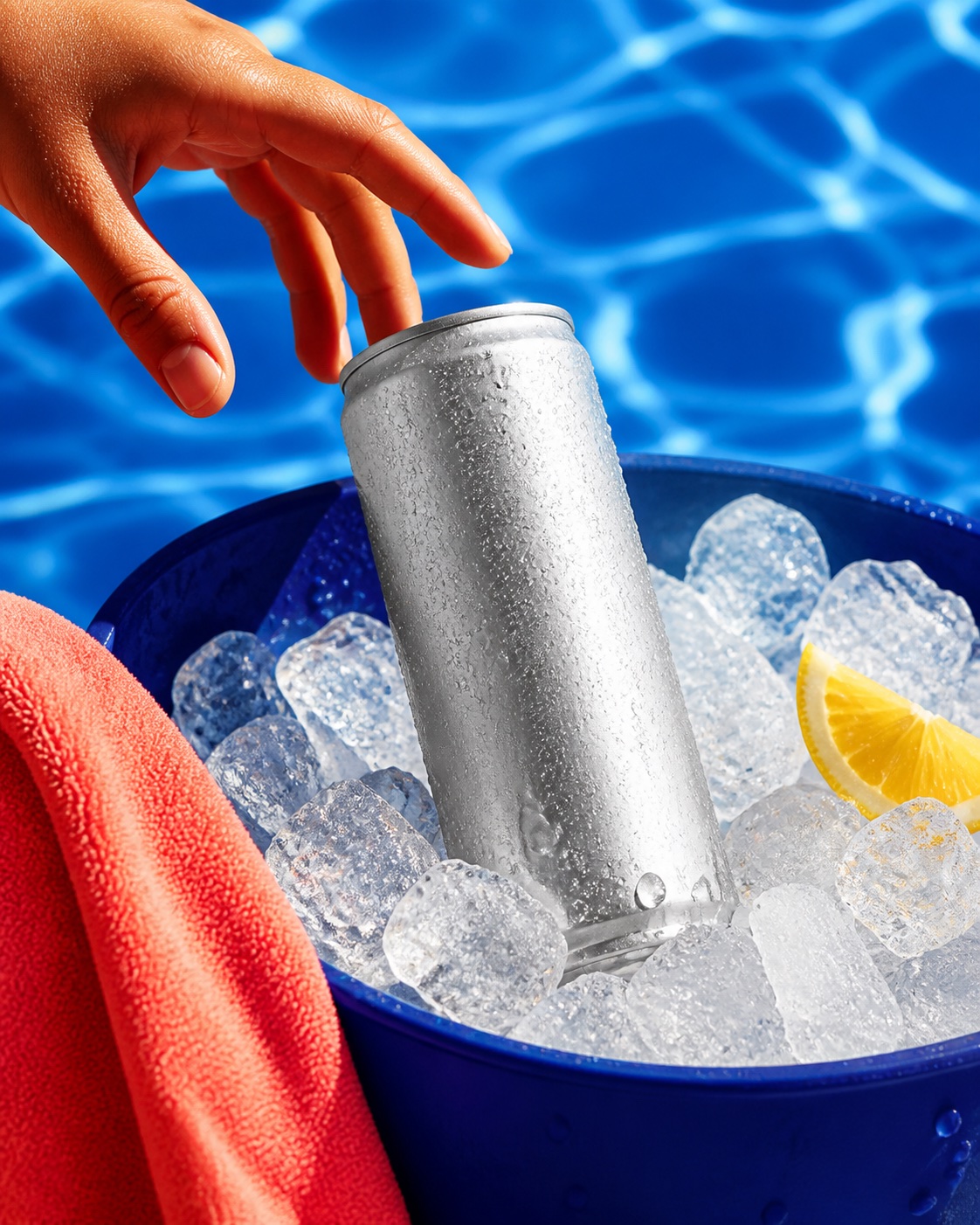 Unbranded canned drink on ice beside a bright pool