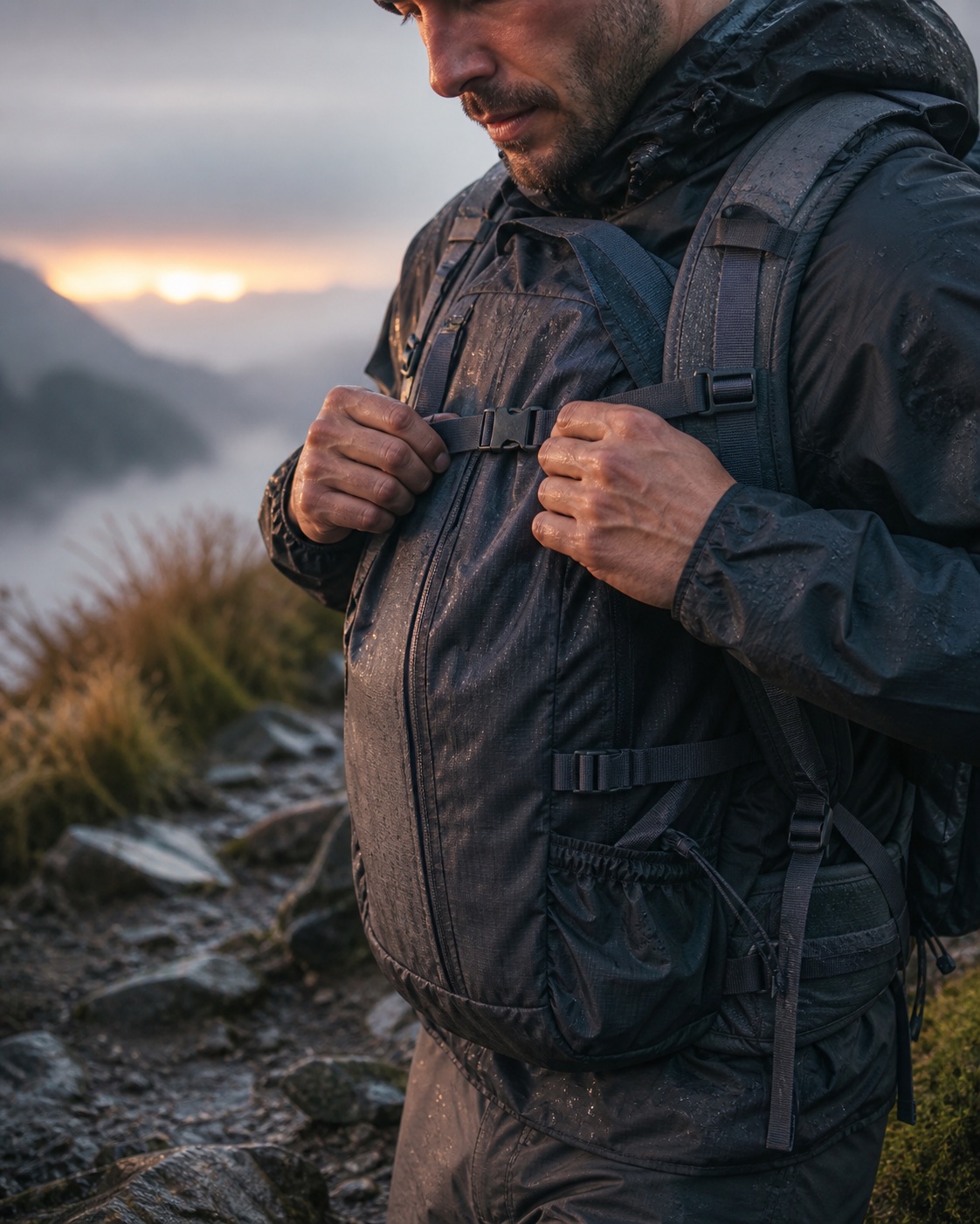 Hiker adjusting a technical backpack at a wet mountain trailhead