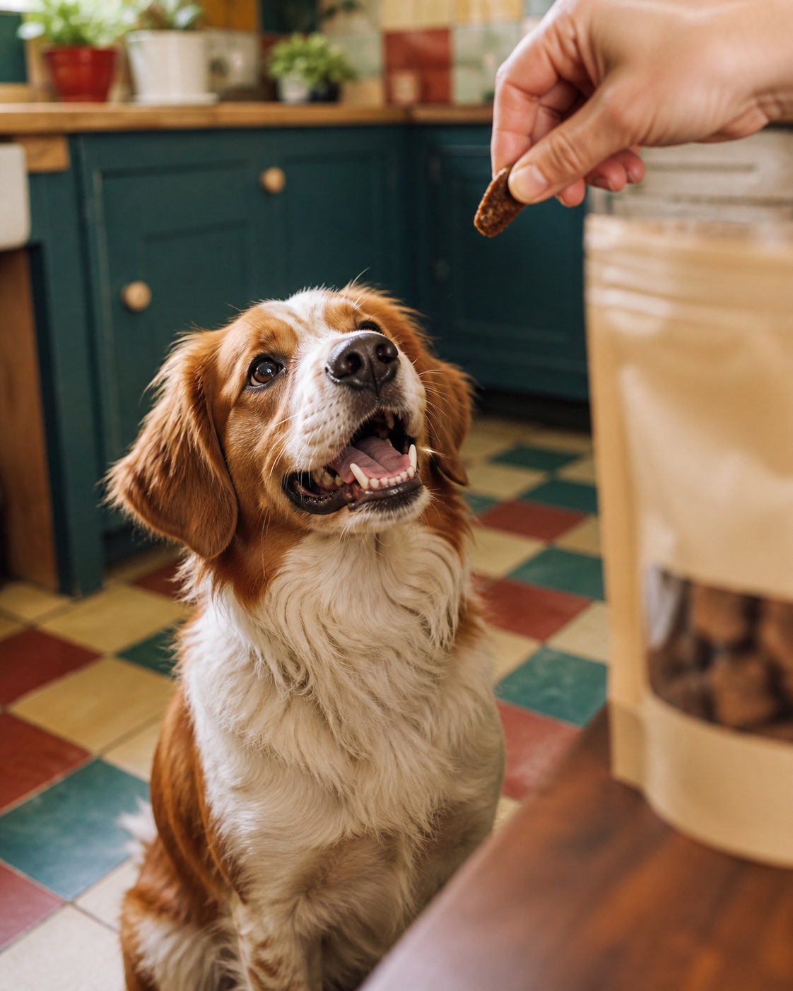 Happy dog receiving a treat in a colorful kitchen