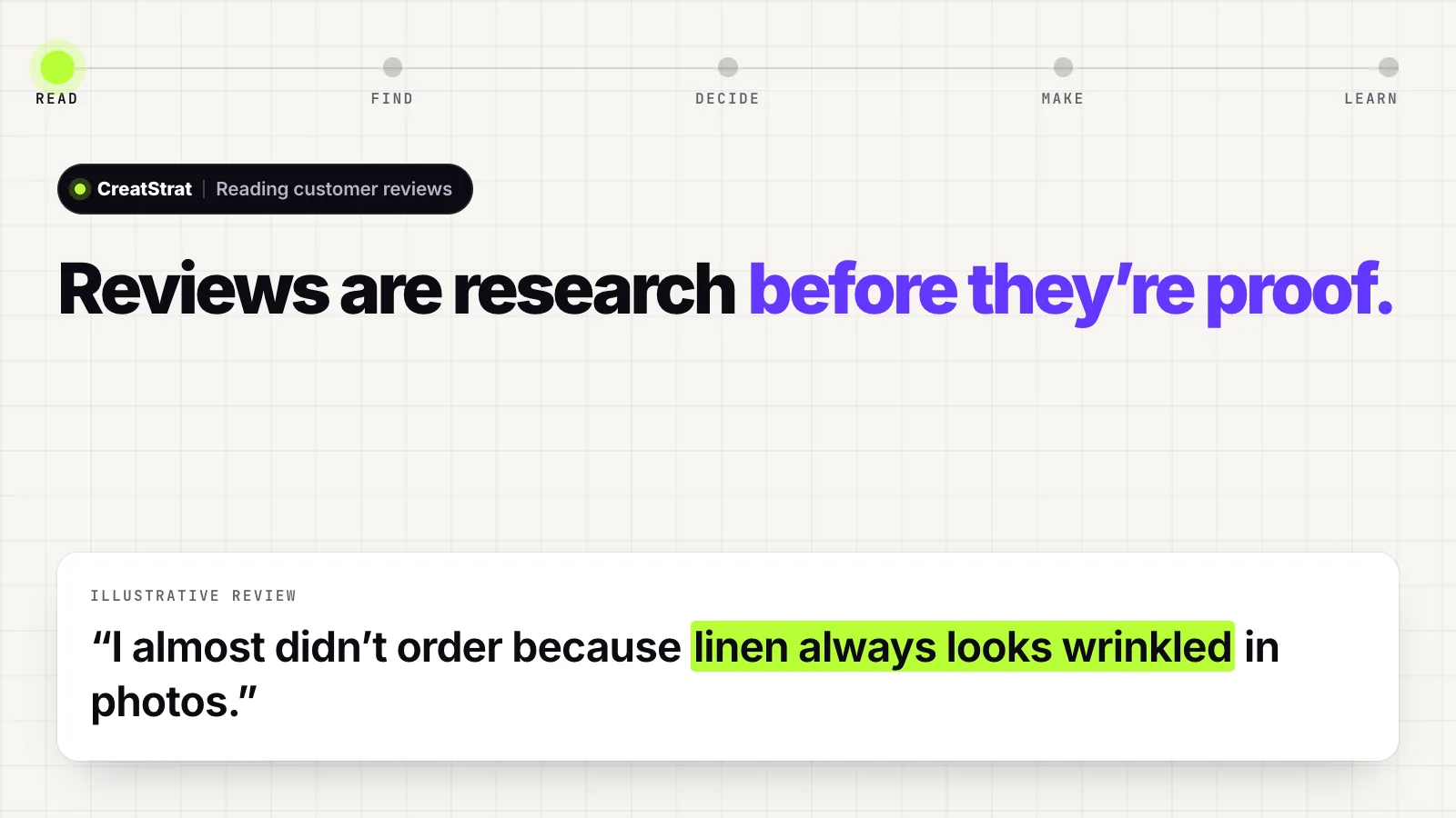 Reviews are research before they're proof: an illustrative review line with its objection highlighted