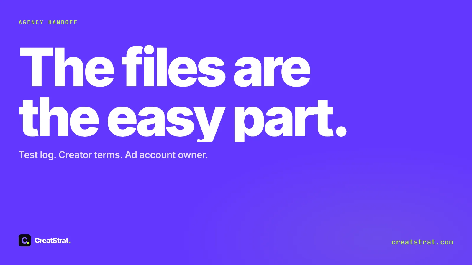 The files are the easy part. Type-only violet cover listing test log, creator terms and ad account owner. No ads or people.