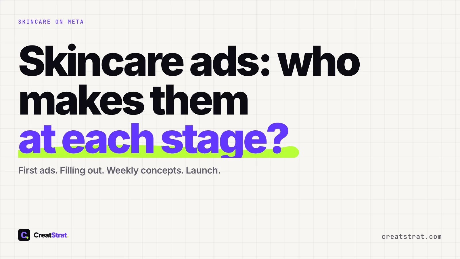 Skincare ads: who makes them at each stage? Type-only paper cover naming four stages. No ads, skin or people.