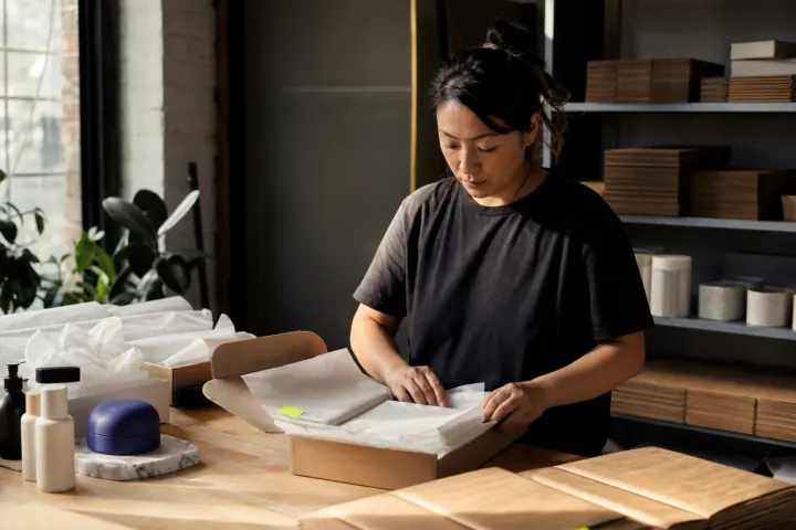 Video mashup: a founder packing an order at a studio workbench.