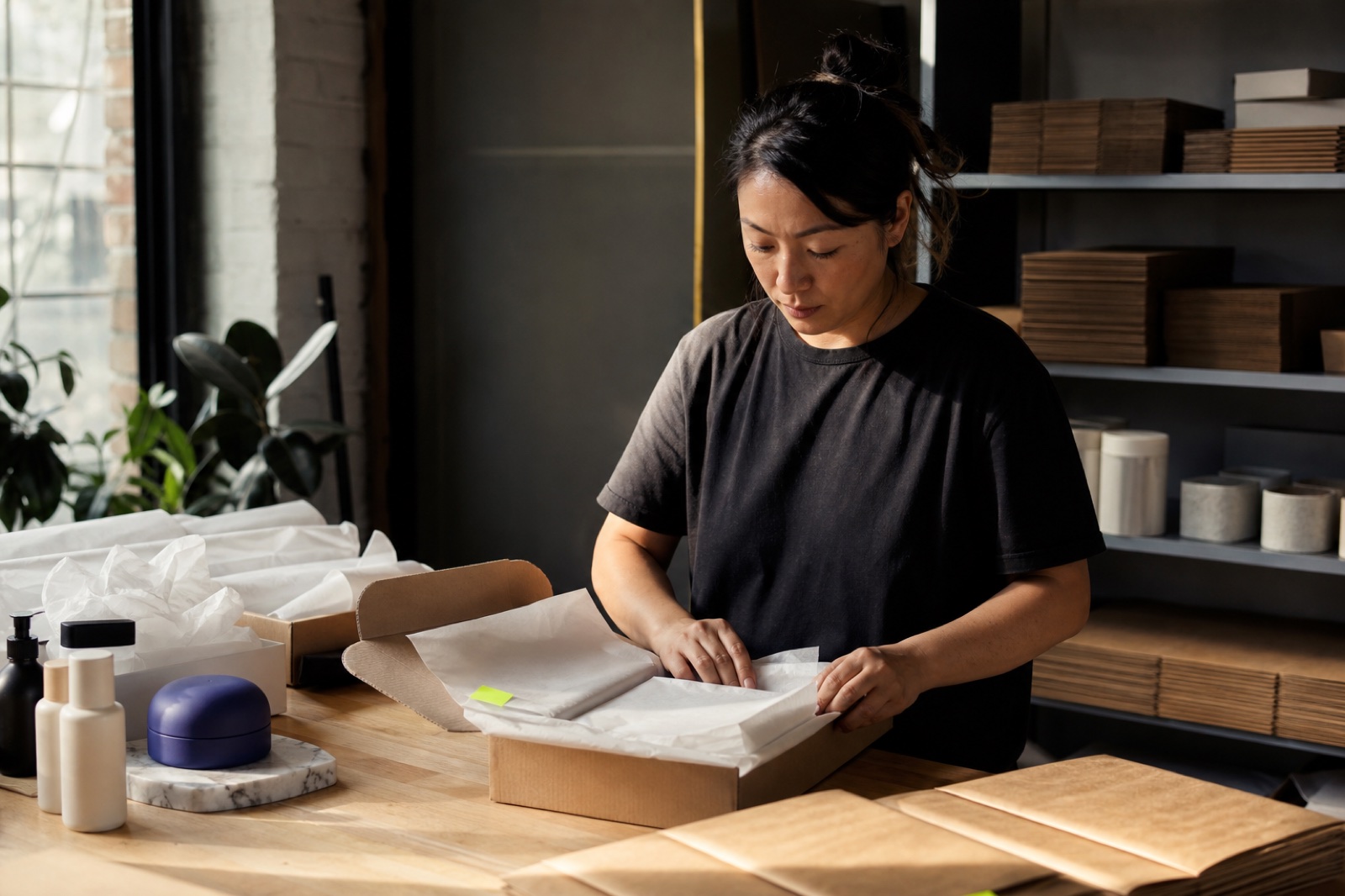Founder packing an ecommerce order at a studio workbench