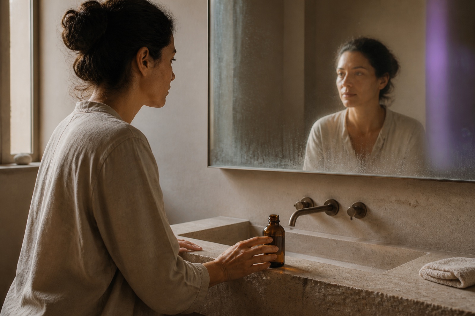 Woman considering a skincare product at a bathroom mirror