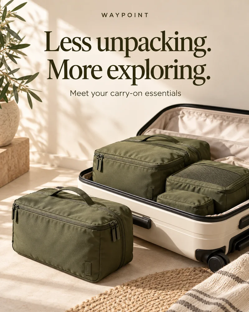 Illustrative WAYPOINT packing cube ad: Less unpacking. More exploring.